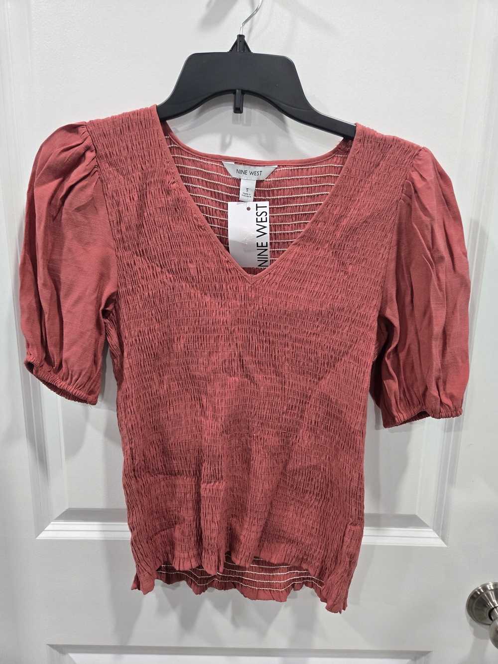 Nine West Dusty Rose Smocked V-Neck Puff Sleeve Top